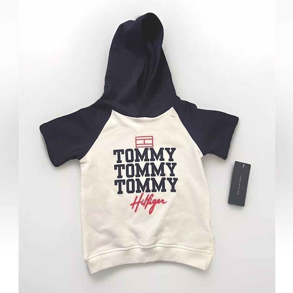 NWT Tommy Hilfiger Sz 3T Toddler Hoodie Short Sleeves LOGO White Blue Pullover